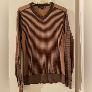 Men’s M: GUESS- All Cotton V Neck Long Sleeve Sweater Tan/ Brown Stripe NWOT